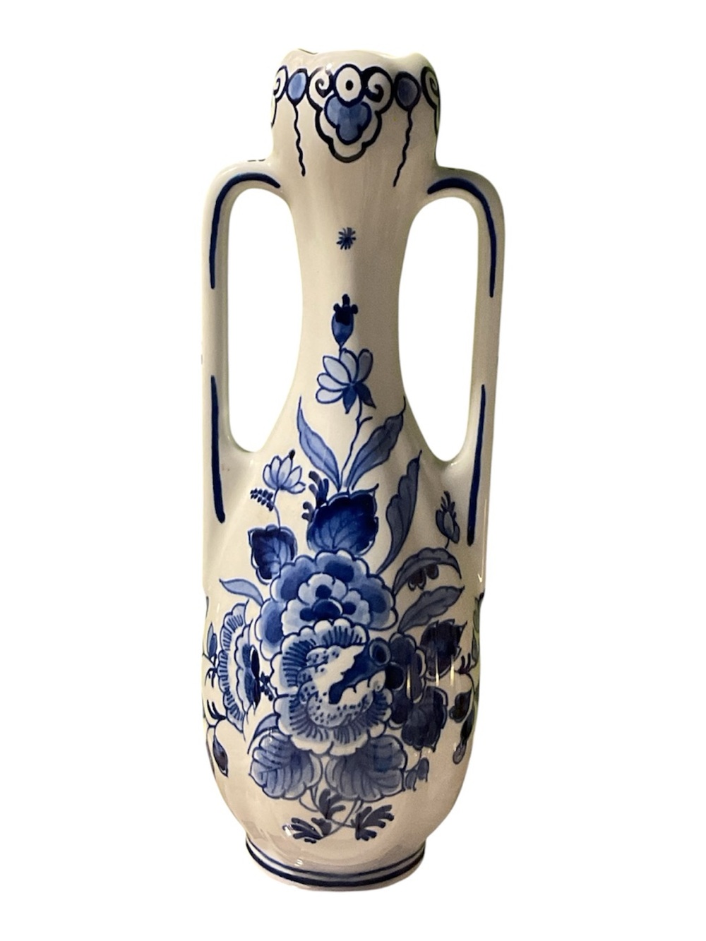 Blue and White Floral Double-Handled Ceramic Vase - Delft